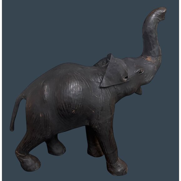 1960s Leather Wrapped Elephant Table Sculpture Figure Safari Glass Eyes Trunk Up - Picture 5 of 9
